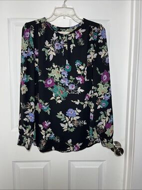 LOFT Black Floral Long-Sleeve Blouse with Purple & Teal Blooms